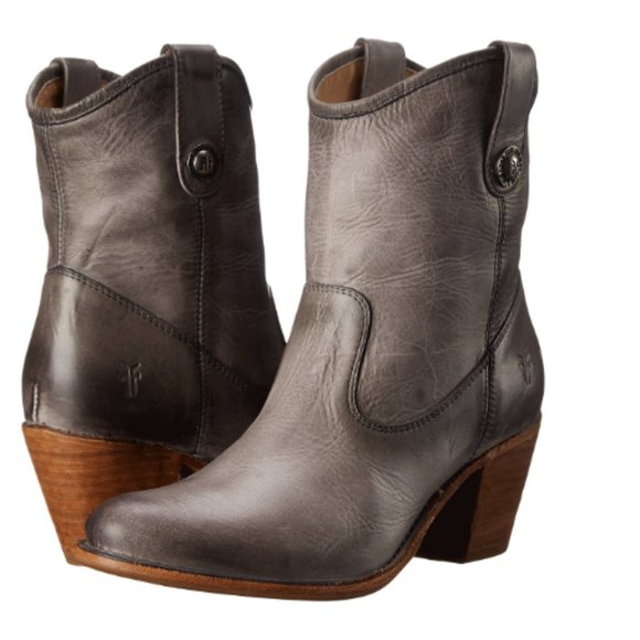 Frye Jackie Button Short Grey Real Leather Zip Up Round Toe Heeled Ankle Bootie - Picture 2 of 12